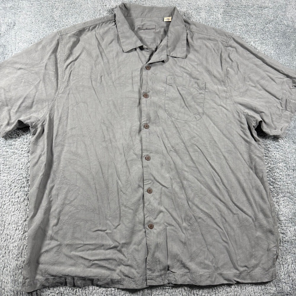 Tommy Bahama Button Up Shirt Mens 2XB Grey Silk Tropical Leaf Jacquard Camp Shir